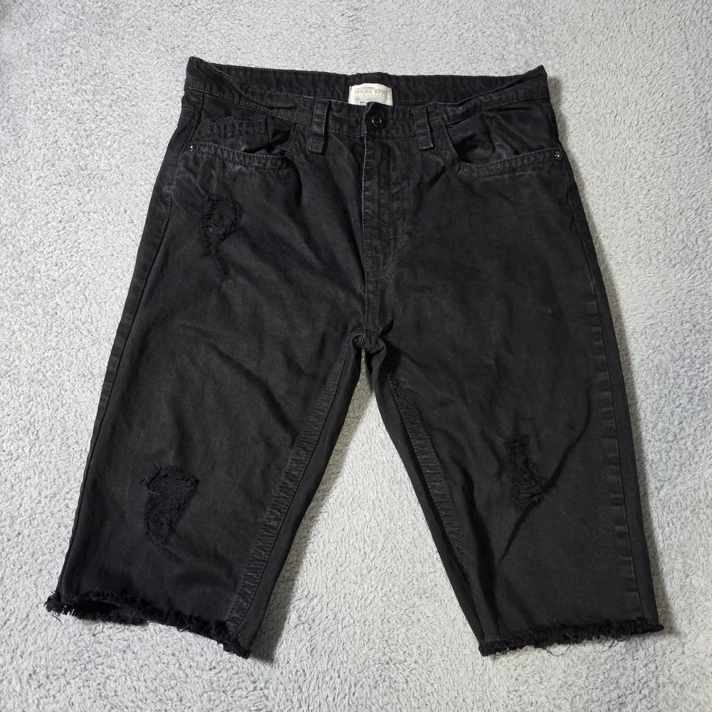 Smoke Rise Mens 36 Denim Shorts Black Distressed Raw Hem Streetwear Cotton